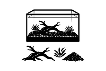 Aquarium setup silhouette: decorative elements and minimalist nature design