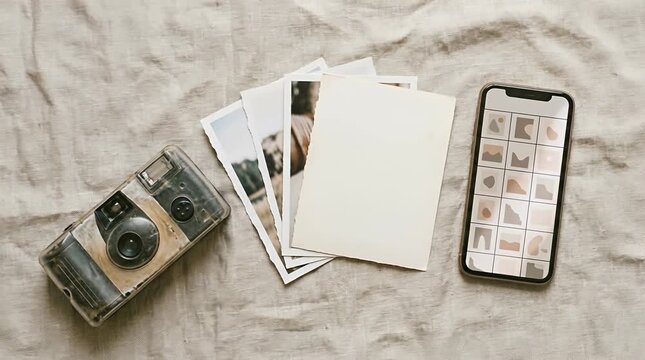Disposable Camera Flat Lay With Printed Photos and Smartphone Thumbnails