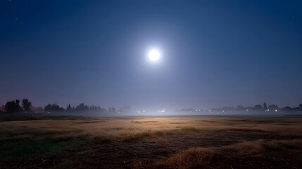 Fototapeta premium A bright full moon illuminates a misty landscape at night casting a serene glow over a dry field and distant lights