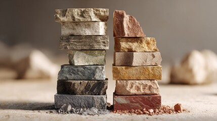 Stacked stone layers reveal the evolving patterns of material changes over time, showcasing diverse textures and colors.