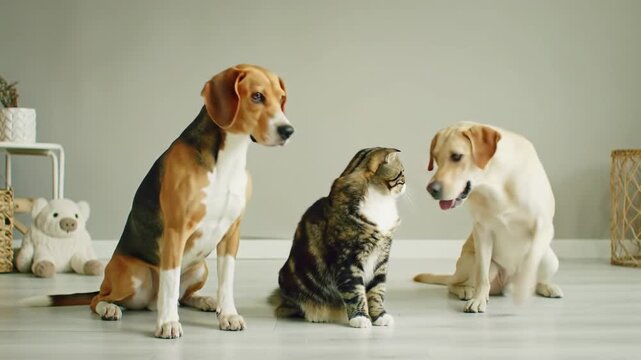 Beagle, Labrador, calico, Persian cats peacefully coexist in a clean, minimalist room with light wood floor, soft light, shallow focus, capturing a heartwarming pet care branding concept