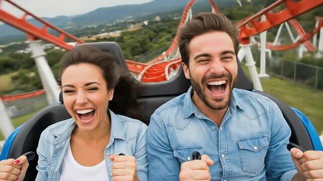 Happy Young Adults Enjoying Roller Coaster Ride at Amusement Park