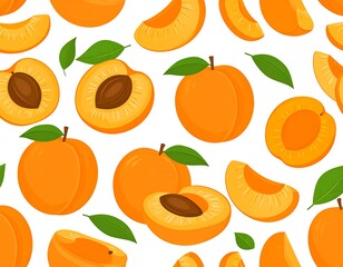 Colorful vector illustration of fresh apricots and leaves arranged on a white backdrop