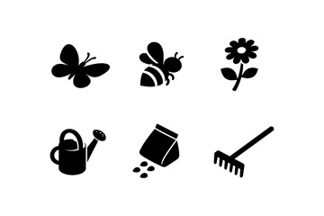 Garden and nature silhouettes: butterfly, bee, flower, and tools collection