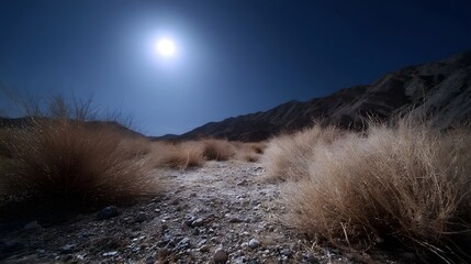 Bright moonlit desert landscape at night with dry grass and mountains