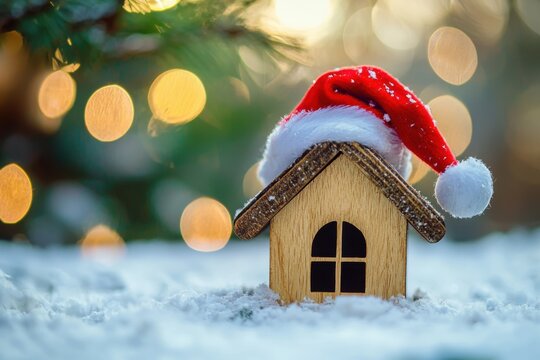 Small wooden house wearing Santa hat among snow with sparkling lights, copy space. Winter discounts on real estate concept