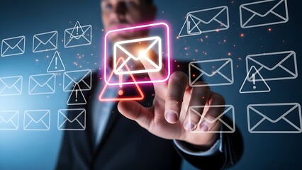 Futuristic digital interface showing a man touching a glowing red alert envelope amidst a sea of blue email icons.
