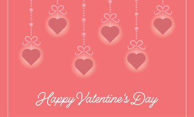 Happy Valentine Day greeting card with pink hanging hearts on beaded strings. Simple romantic background for love letters, invitations, and prints. Vector illustration.