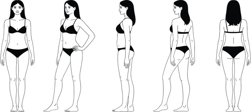 Female body figure sketches in different poses for fashion design, lingerie model vector silhouette line art