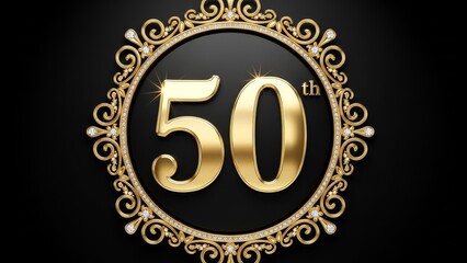 Fototapeta premium Luxury 50 Years Birthday Badge with Shiny Gold Numbers and Ornamental Frame on Dark Background