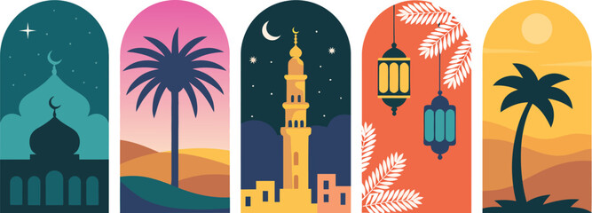 Ramadan and Eid celebrations with Islamic architecture and palm trees