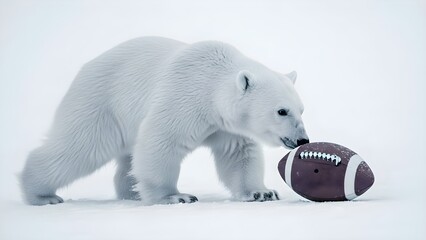 Curious young polar bear cub cautiously investigates a football lying in the snowy arctic landscape.