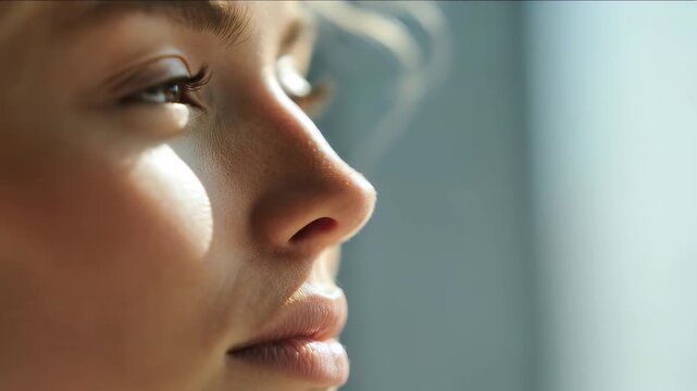 A detailed macro shot captures the side profile of a woman&rsquo;s face, emphasizing her clear complexion and relaxed demeanor. The soft lighting and blurred background evoke tranquility and mindfulness