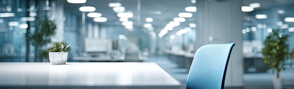 An empty modern office interior, featuring a white table, a blue chair, and office plants