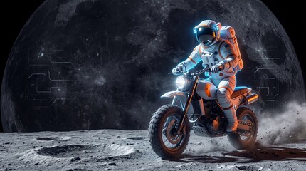 Astronaut Riding Motorcycle on Lunar Surface with Giant Moon Background