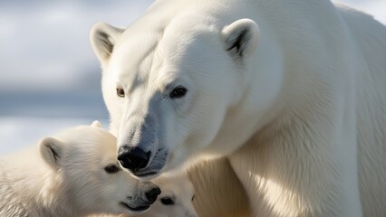 Polar bear mother and cub share a tender moment together in a snowy arctic landscape.