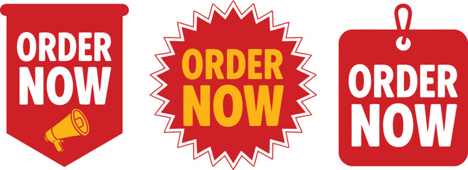 Urgent red 'Order Now' banners, tags, and labels for immediate online purchase