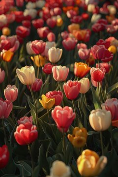 Colorful tulip field in full bloom during spring, showcasing vibrant flowers. Vertical natural background