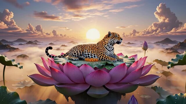 Leopard Resting on Lotus Flower at Sunset.