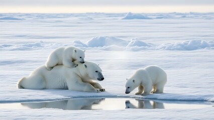 Polar bear mother with cub resting on arctic ice floes in a cold winter landscape