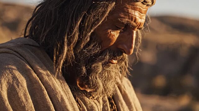 Close-up of an ancient biblical prophet praying with bowed head. Elderly Middle Eastern man with a beard in a desert setting. Religious concept