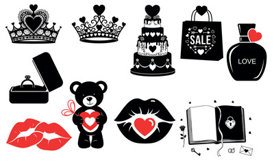 Collection of black and white icons with hearts and beauty items on white background