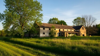 Obraz premium Abandoned two story beige farmhouse with overgrown grass and trees in sunlit rural countryside abandoned farmhouse