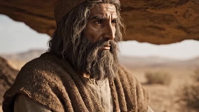 Biblical prophet Elijah seated in the shade of a desert rock formation. Elderly man with a long beard praying and meditating in the wilderness. Historical religious concept