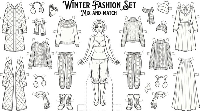 Winter fashion paper doll, mix-and-match clothes, coat, sweater, scarf, boots, gloves, hat, outfit set, seasonal style, accessories