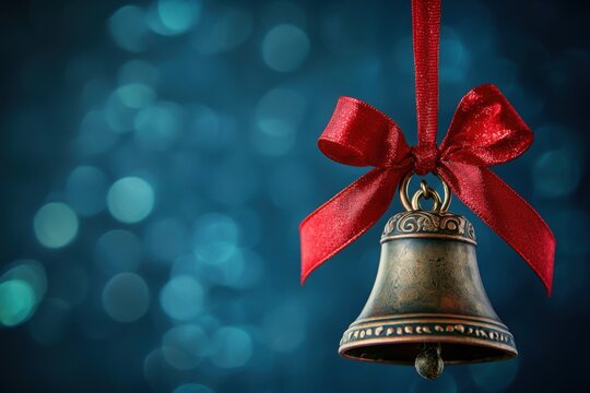Decorative brass bell with red ribbon against blue background, perfect for festive occasions and celebrations
