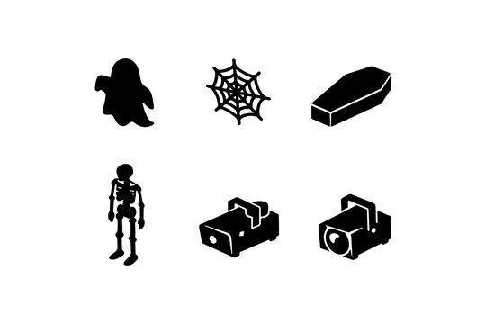 Halloween icons: ghost, spider web, coffin, skeleton, and projectors in black silhouette style