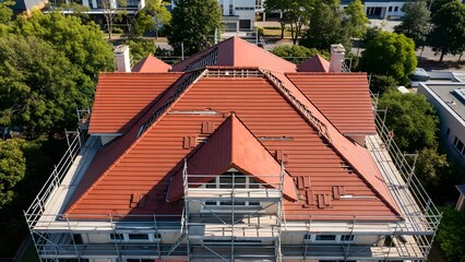 Aerial view of a building with red tiled roofing under construction surrounded by scaffolding