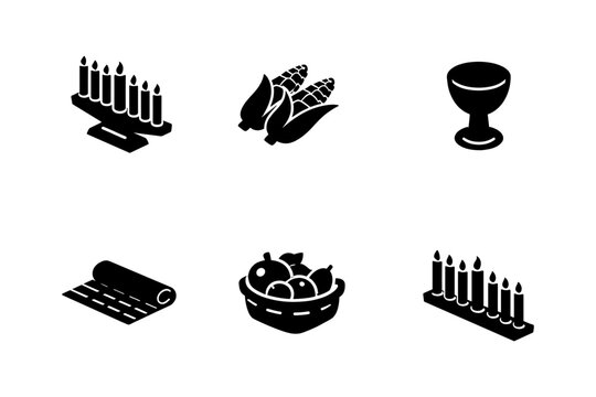 Kwanzaa symbols: kinara, corn, unity cup, mkeka, and fruits in black silhouette