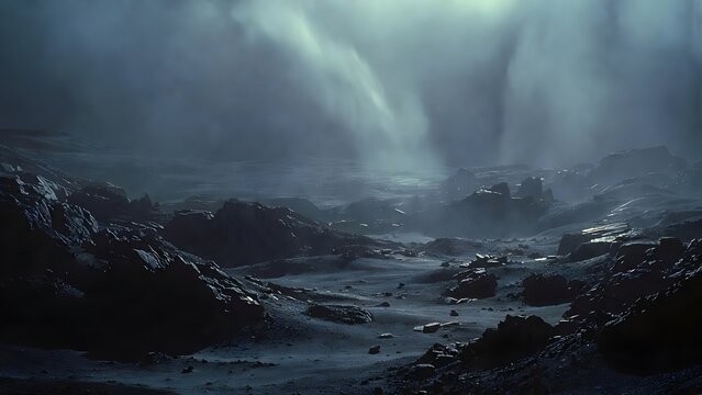Desolate Alien Planet Surface with Dark Rocks and Thick Mist