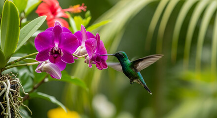 A hummingbird hovers near a purple orchid, its wings outstretched, with a green foliage backdrop, representing nature's beauty and delicate balance