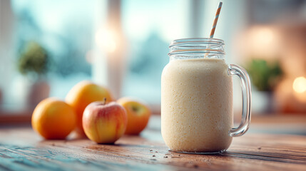 Smoothie in a glass made with fresh apples against a kitchen window. Concept of healthy eating, vitamins, natural berries and a fruity drink.