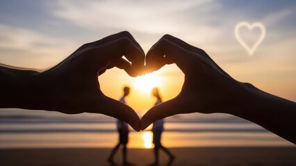 Valentine's day love silhouette at sunset on beach
