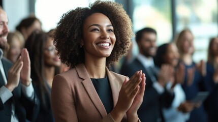 Diverse group of business professionals applauding and celebrating a woman in a corporate setting 