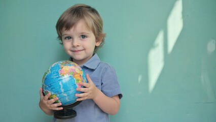 A young Caucasian boy with light brown hair smiles while holding a globe. The background is a soft green color, emphasizing the theme of environmental awareness.