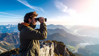 a hiker using binoculars to look at a scenic mountain landscape. travel, adventure, and outdoor pursuit themes with copy space