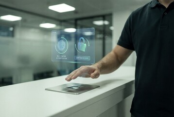 Man using biometric fingerprint scanner for secure access on desk in office