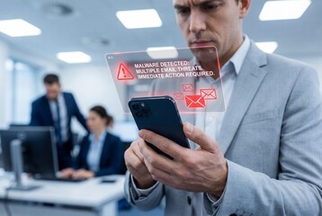 Man holding a smartphone displaying a malware detection warning in an office
