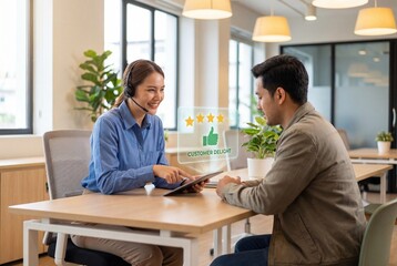 Customer service representative assisting a client with positive feedback icons