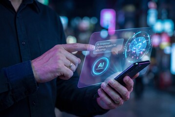 Man interacting with holographic AI chat interface on a smartphone at night
