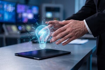 Businessman hands reaching for a glowing holographic light bulb projection over a tablet