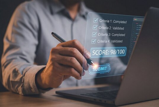 Man's hand with digital stylus tapping glowing submit button on laptop