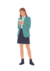 Flat minimalist illustration of a woman in teal blazer, navy skirt, and black boots checking a smartphone, clean modern style. Isolated on transparent background.