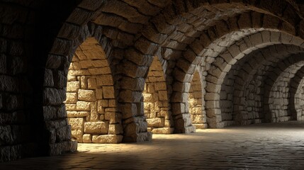 Obraz premium Ancient stone corridors feature warm light shining through arches, creating a contrast in the cool atmosphere of an underground space.