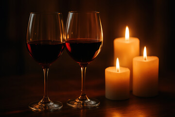Valentine's Day romantic dinner with red wine and lit candles