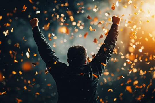 Person celebrating triumph with arms raised amidst golden confetti during festive event